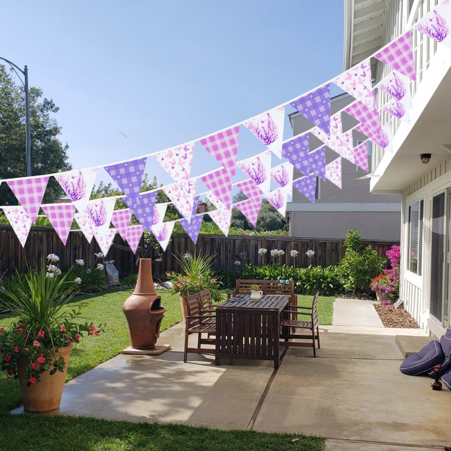 G2PLUS Purple Triangle Bunting Banner, 39FT Extra Long Reusable Cotton Triangle Flags, Pre-Sewn Gingham Garland Pennant Banner for Garden Party, Bridal Shower & Outdoor Decor