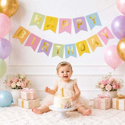 G2PLUS Pre-Strung Happy Birthday Banner Pastel and Gold: 16 x 20 cm Large No-DIY Birthday Banner for Boys Kids Birthday Party Decorations
