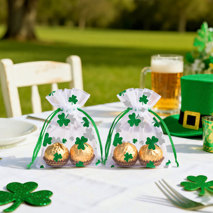 G2PLUS 50PCS St.Patrick's Day Gift Bags Organza 3x4in, Green Foil Shamrock Sheer Mesh Organza Pouches with Drawstring for St.Patrick's Day Party Favors, Candy Gift Bags & Wedding Favors