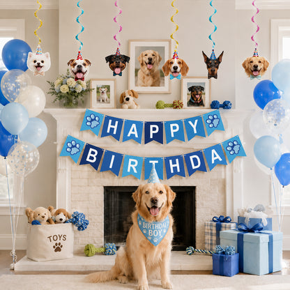 G2PLUS Pre-Strung Dog Birthday Decorations with 6PCS Hanging Swirl, Blue Dog Birthday Banner, Puppy Party Banner for Wall Backdrop Decoration