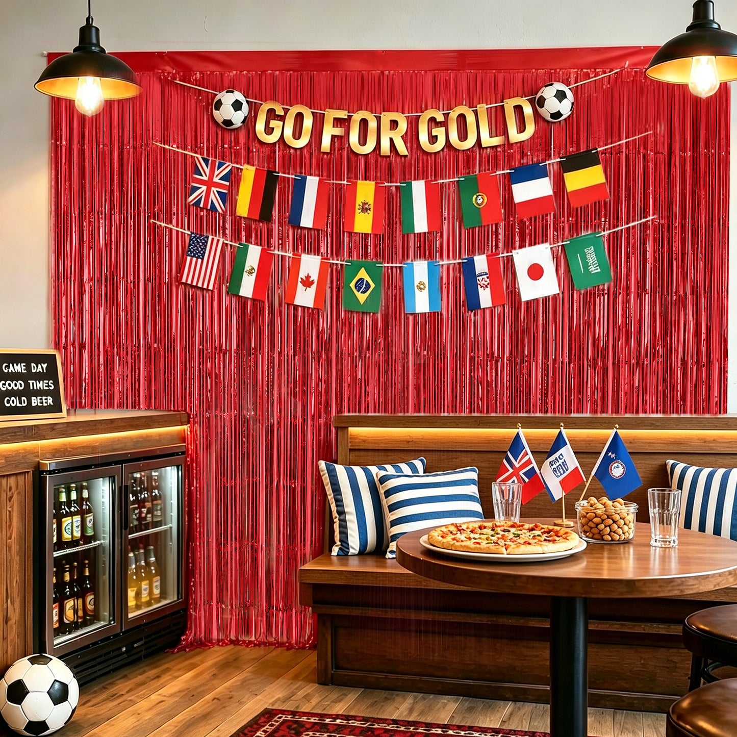 G2PLUS Party Decorations Set for World Cup Football 2026: Pre-strung Go For Gold Banner, 2PCS Flag Bunting with 2PCS Red Tinsel Fringe Curtains for Home, Bar and Garden Viewing Parties