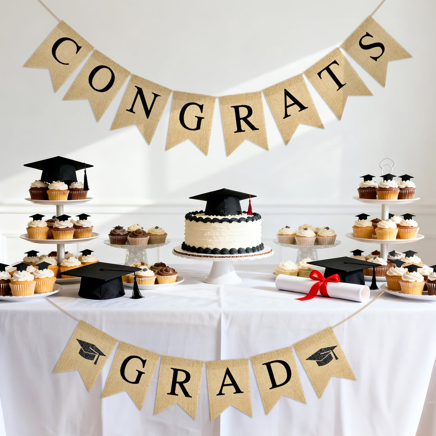 G2PLUS Congrats Grad Banner,Pre-strung Graduation Party Decorations Banner for School, Rustic Graduation Burlap Garland for College, Photo Backdrop, Indoor Outdoor Celebration