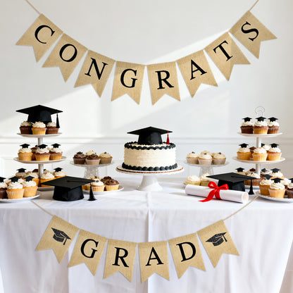 G2PLUS Congrats Grad Banner,Pre-strung Graduation Party Decorations Banner for School, Rustic Graduation Burlap Garland for College, Photo Backdrop, Indoor Outdoor Celebration