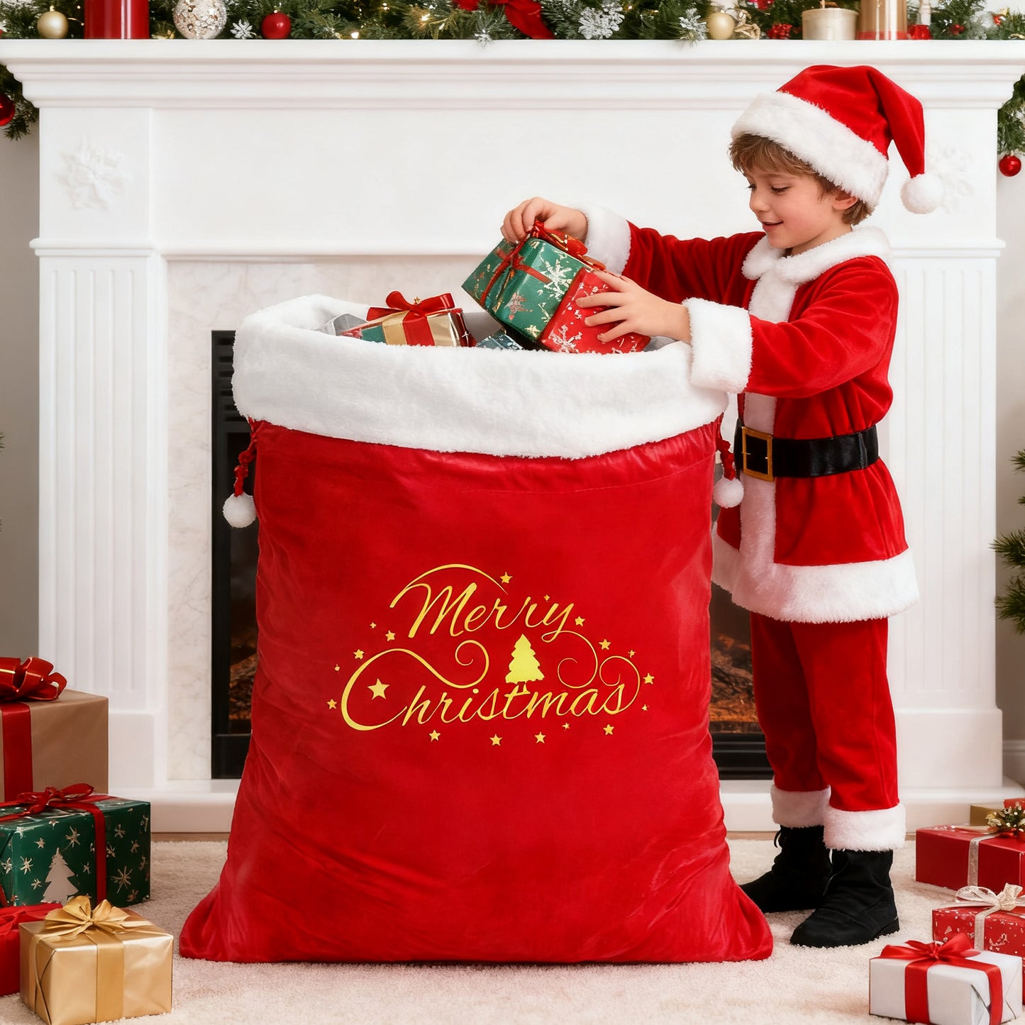 G2PLUS Large Velvet Santa Sack - 30x36 Inch Red Christmas Drawstring Gift Bags for Big Presents, Holiday Party Decor