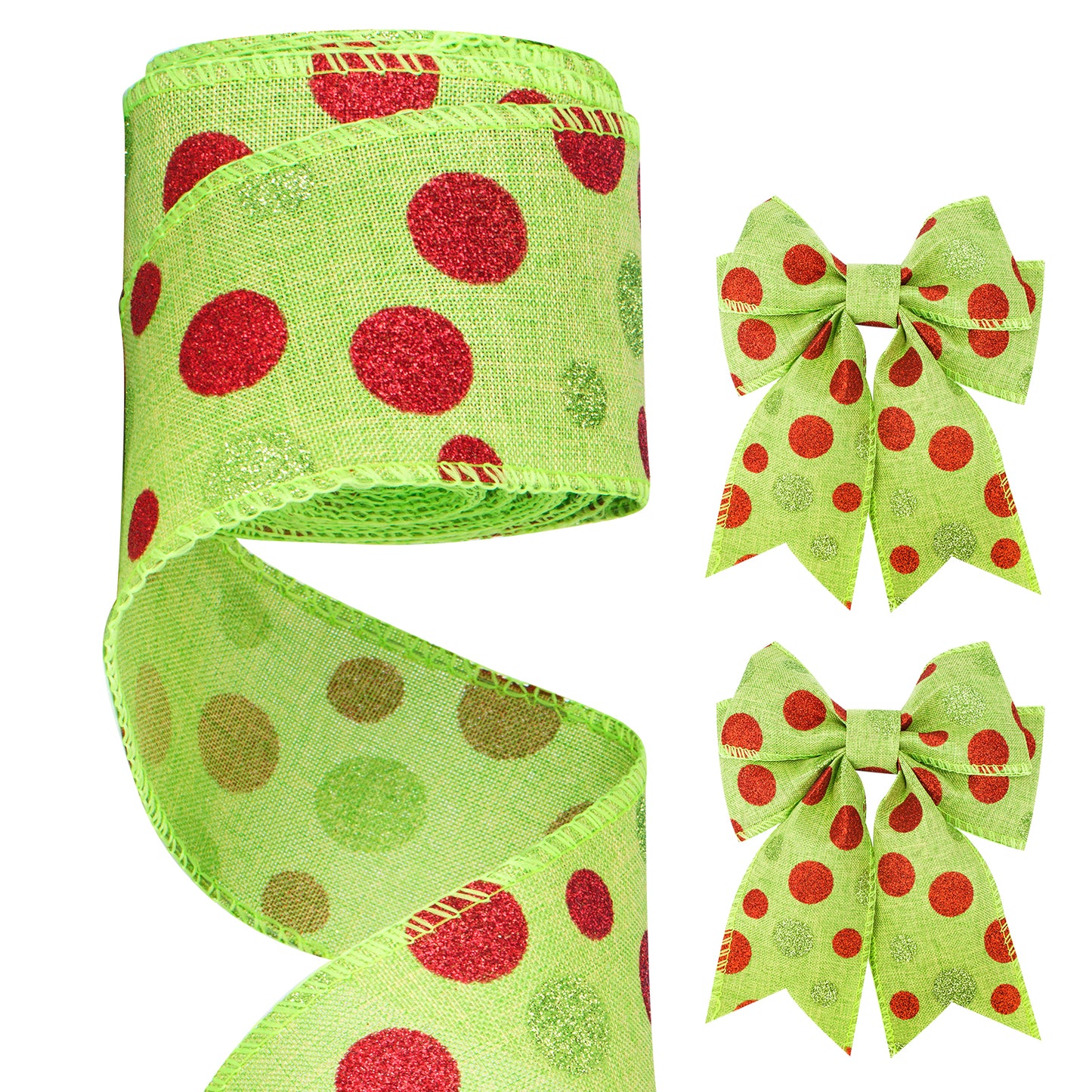 G2PLUS 63mm Wired Burlap Ribbon, 10M Christmas Wired Ribbon for Wreaths, Christmas Ribbon for Gift Wrapping, Green Ribbon with Red Dots for Bows and Christmas Wreaths Project