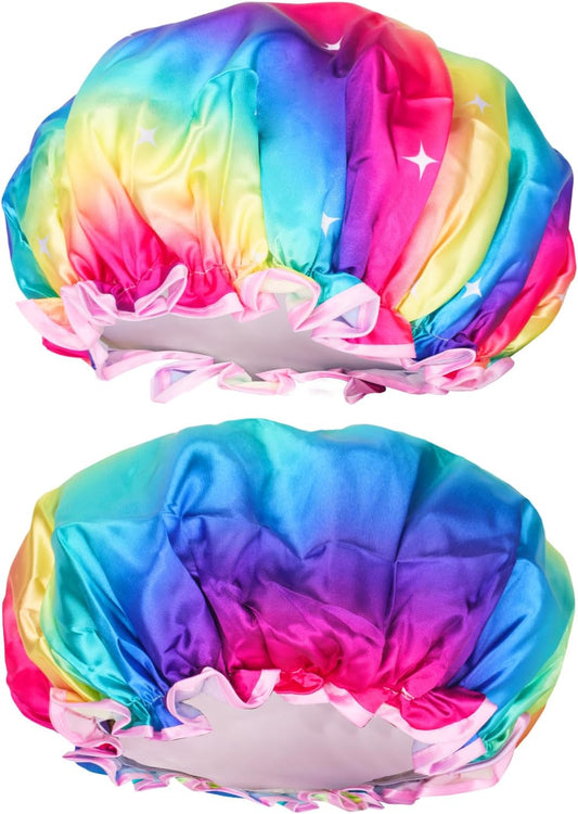 G2PLUS 2PCS Large Shower Cap for Long Hair, 32CM Colorful Hair Caps for Girls and Women, Reusable Elastic Bath Caps for Girls Spa Home Use