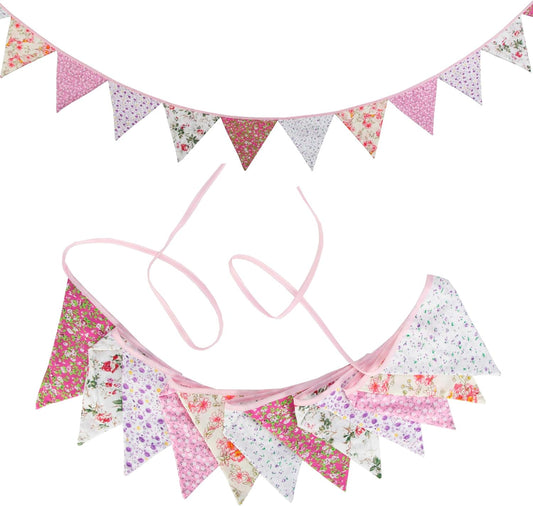 G2PLUS Floral Bunting banner, 10.8 Feet Vintage Cloth Shabby Chic Flag Garlands, 12PCS Double Sided Fabric Triangle Pennants for Vintage Themed Wedding Afternoon Tea Garden Party