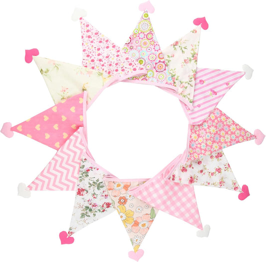G2PLUS 4M Fabric Bunting Banner with Hearts -12PCS Double Sided Cotton Pennants - 17x19CM Floral Triangle Garlands for Birthday Parties Ceremonies Kitchen Bedrooms Decoration-Pink