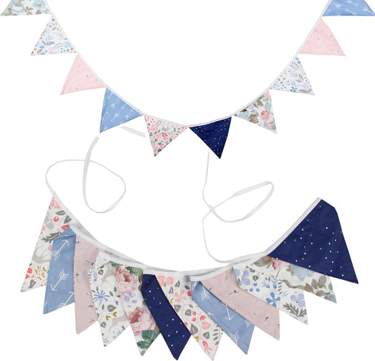 G2PLUS Double Sided Fabric Bunting Banner -12PCS Pink and Blue Fabric Bunting Nursery, Florial Fabric Bunting for Nursery, 3.3M Cotton Triangle Pennants for Decorating Girls Bedroom Birthday Parties