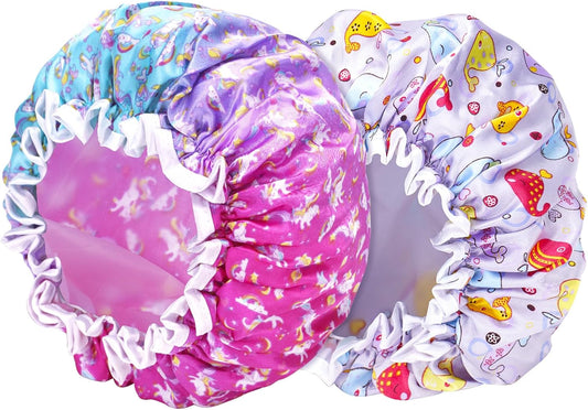 G2PLUS 2PCS Kids Shower Caps, Elastic Bath Caps for Kids, Double layer Children Shower Caps, Reusable Childs Shower Hats for Girls/Boys