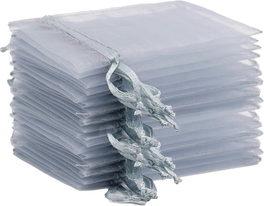 G2PLUS Silver Grey Organza Gift Pouches - 10x12 CM Small Organza Favor Bags, 50 PCS Wedding Jewelry Bags - Clear Mesh Pouches Perfect for Wedding, Christmas, Birthday, Anniversary