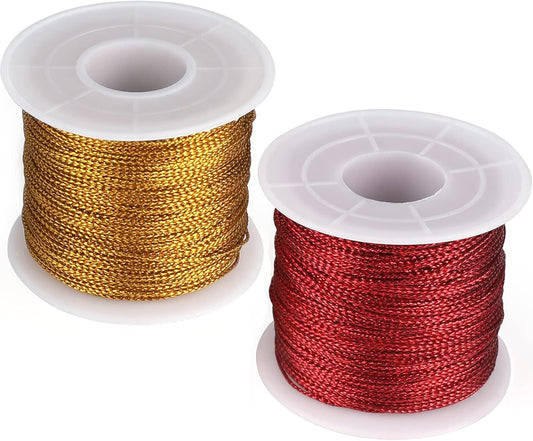 G2PLUS 200M Gold and Red String Twine - 1mm Tinsel Thread Cord - Non-elastic Metallic String for Crafts & Hanging Christmas Ornaments & Cards