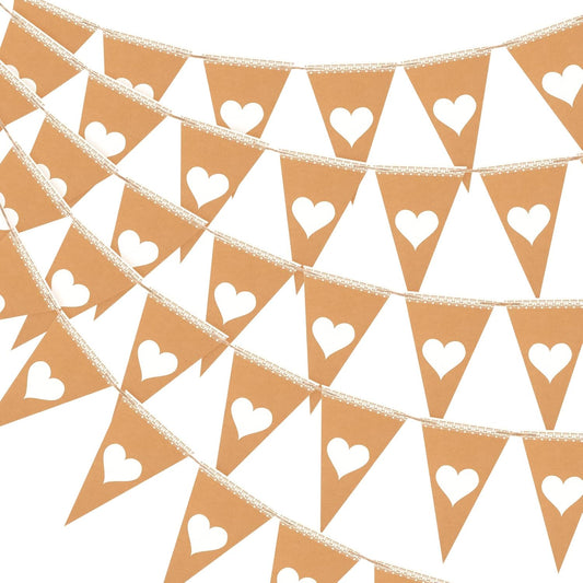 G2PLUS Pre-Strung Kraft Paper Triangle Banner - 25PCS Vintage Bunting Flag - Rustic Paper Garland with Heart for Wedding Party Decoration