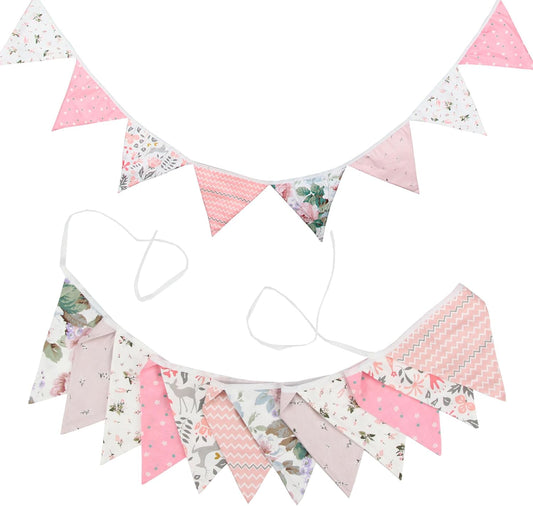G2PLUS Double Sided Fabric Bunting Banner,12PCS Pink and White Fabric Bunting, Florial Fabric Bunting for Nursery, 3.3M Cotton Triangle Pennants for Decorating Girls Bedroom Birthday Parties