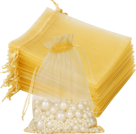 G2PLUS Gold Organza Gift Pouches - 13x18 CM Medium Organza Favor Bags, 50 PCS Wedding Jewelry Bags - Clear Mesh Pouches for Wedding, Christmas, Birthday, Anniversary