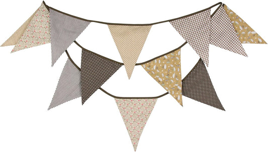 G2PLUS Double Sided Fabric Bunting Banner,12PCS Brown Fabric Bunting, Florial Fabric Bunting for Nursery, 3.7M Cotton Triangle Pennants for Decorating Girls Bedroom Birthday Parties