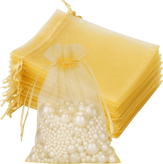 G2PLUS Gold Organza Gift Pouches - 10x15 CM Medium Organza Favor Bags, 50 PCS Wedding Jewelry Bags - Clear Mesh Pouches for Wedding, Christmas, Birthday, Anniversary