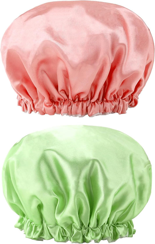 G2PLUS 32CM Large Shower Caps, 2PCS Reusable Bath Caps for Women, Elastic Shower Hats for Long Hair, Double Layers Bath Hats for Adults Long Hair