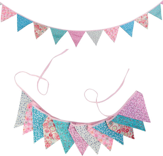 G2PLUS Floral Fabric Bunting Banner, 10.8 Feet Vintage Vintage Cloth Shabby Chic Cotton Garlands, 12PCS Double Sided Pink and Blue Triangle Pennants for Bedrooms Birthday Tea Party