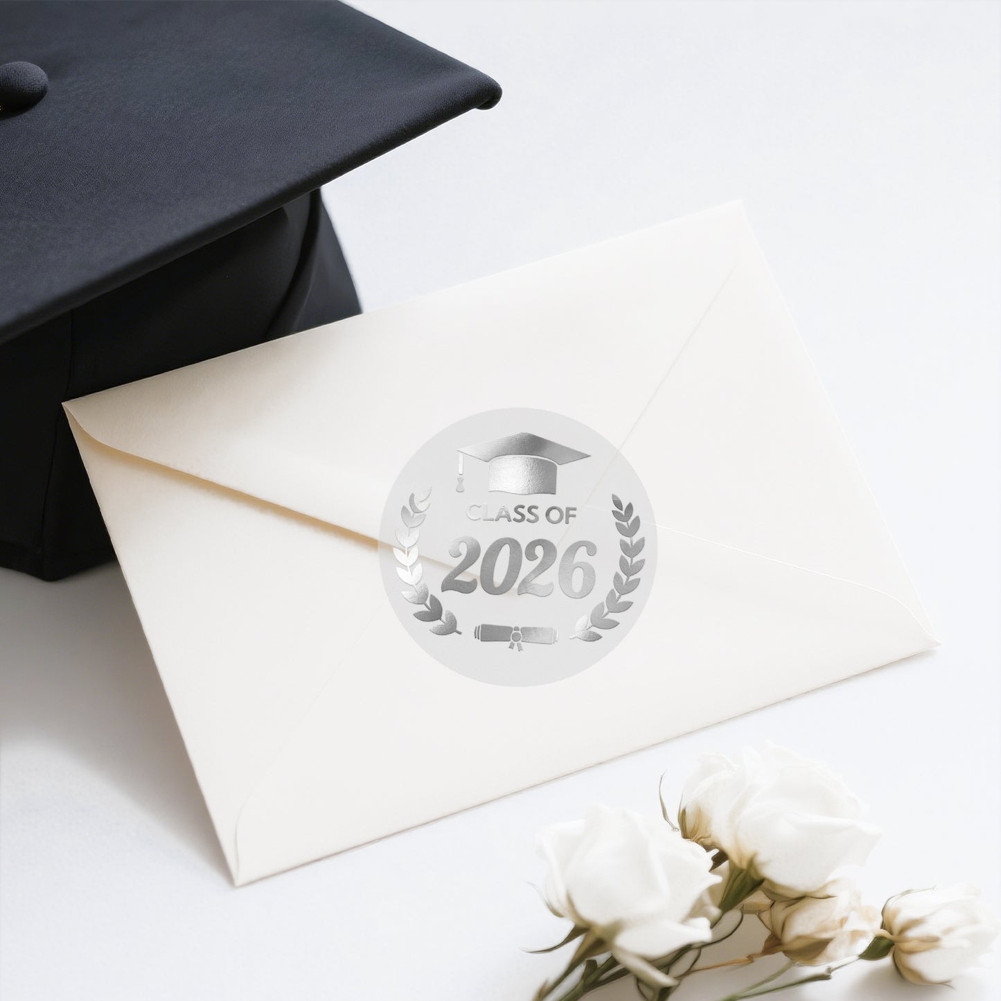 G2PLUS Graduation Stickers - 120Pcs Class of 2026 Stickers 1.6in Silver Foil Graduation Cap Stickers Transparent Envelope Seal Sticker for Congrats Grad Invitation and Grad Party Favors