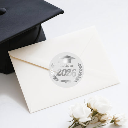G2PLUS Graduation Stickers - 120Pcs Class of 2026 Stickers 1.6in Silver Foil Graduation Cap Stickers Transparent Envelope Seal Sticker for Congrats Grad Invitation and Grad Party Favors