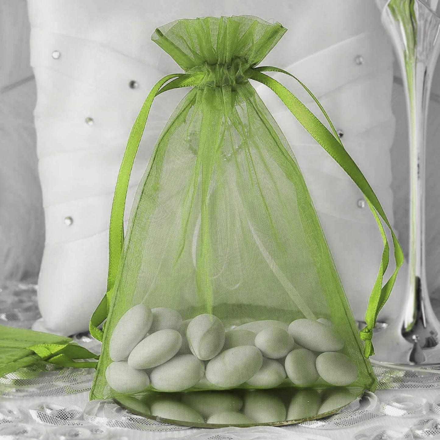 G2PLUS 25PCS Green Organza Bags 5x7 inches - Sheer Mesh Jewelry Pouches, Sage Green Organza Gift Bags with Drawstring for Candy, Jewelry, Wedding Party Favors