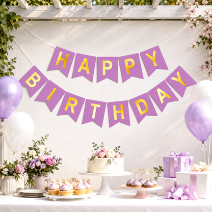 G2PLUS Pre-Strung Happy Birthday Banner Purple and Gold: 16 x 20 cm Large No-DIY Birthday Banner for Women Mom Birthday Party Decorations