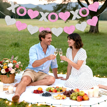 G2PLUS Valentines Day Banner, Glitter Pink Sliver Heart Party Banner, Pre-strung XOXO Paper Bunting Flag Garlands for Valentine’s Day, Anniversary, Birthday, Wedding, Bridal Shower & Photo Backdrop