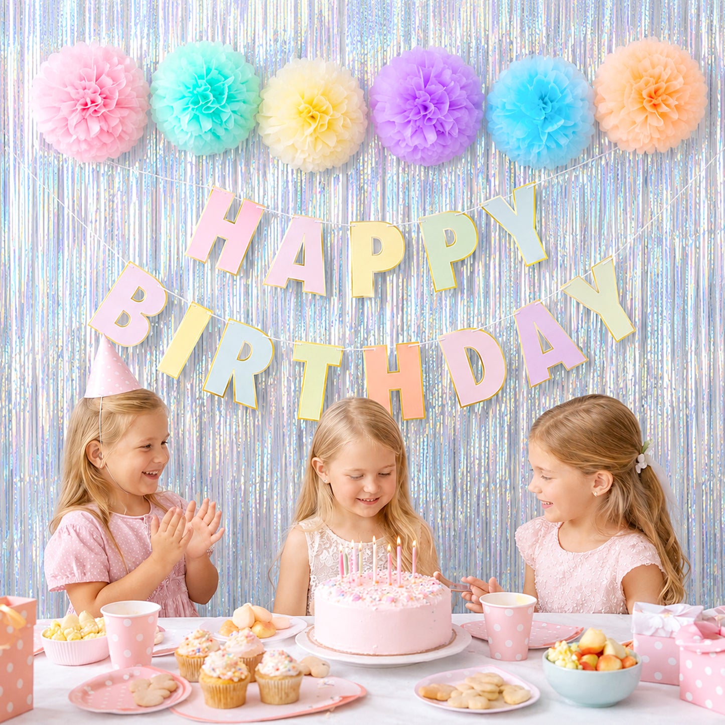 G2PLUS Pastel Birthday Decorations Set, Birthday Party Backdrop Decorations Pastel Happy Birthday Banner with 2PCS Silver Tinsel Curtains and 6PCS Paper Pom Poms for Kids and Family Parties