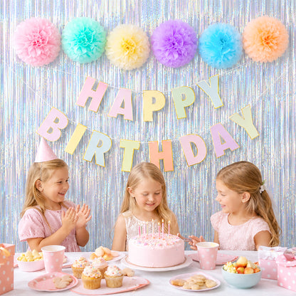 G2PLUS Pastel Birthday Decorations Set, Birthday Party Backdrop Decorations Pastel Happy Birthday Banner with 2PCS Silver Tinsel Curtains and 6PCS Paper Pom Poms for Kids and Family Parties