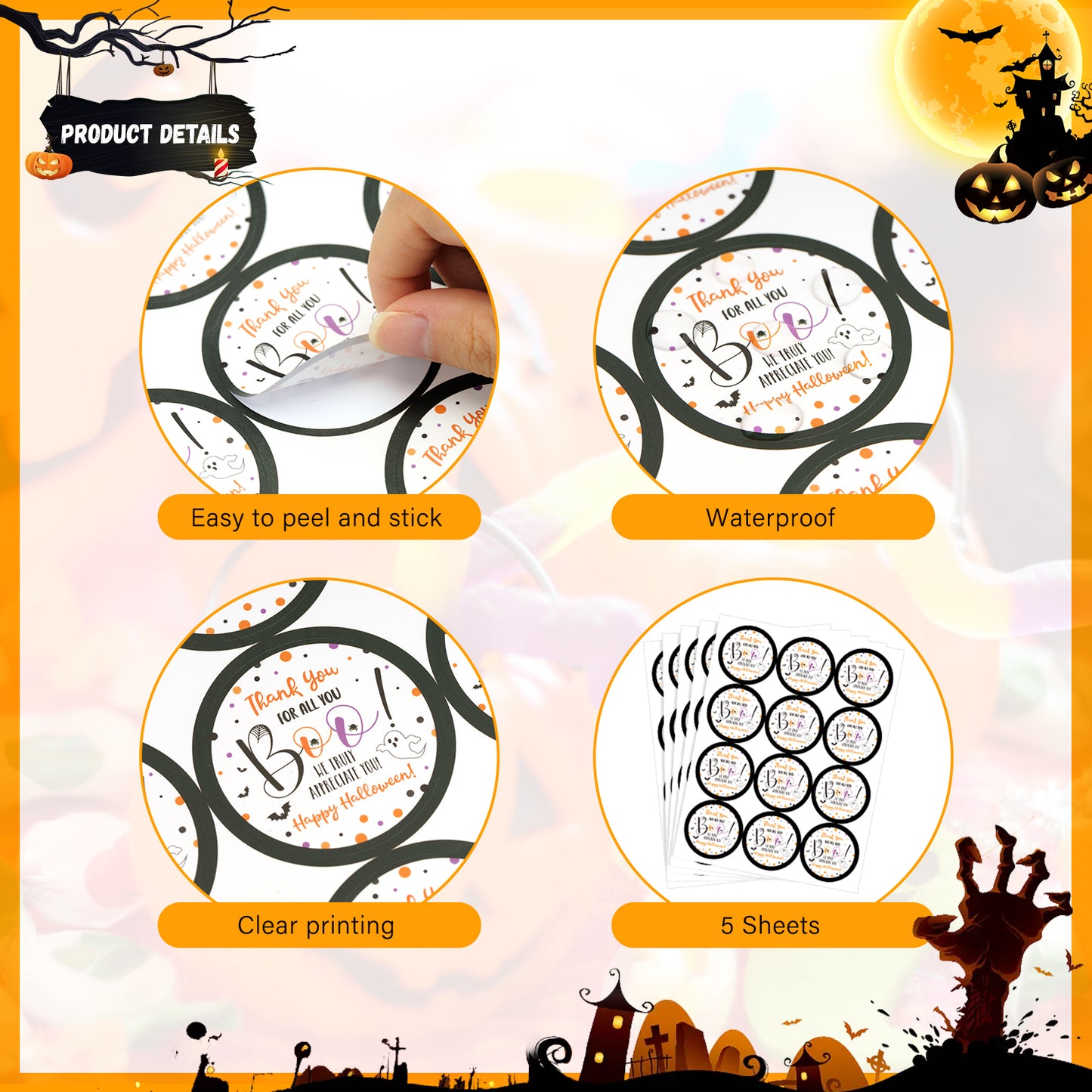 G2PLUS Halloween Stickers, 60PCS Halloween Thank You Stickers, 2'' Round Happy Halloween Stickers, Halloween Thank You for All You Stickers, Boo Gift Stickers for Candy Bags, Halloween Party Favors