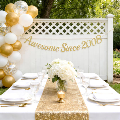 G2PLUS Pre-Strung 18th Birthday Banner, Glitter 18th Birthday Decorations Champagne Gold Happy 18th Birthday Banner, 3m Awesome Since 2008 Banner, 18th Birthday Party Decorations