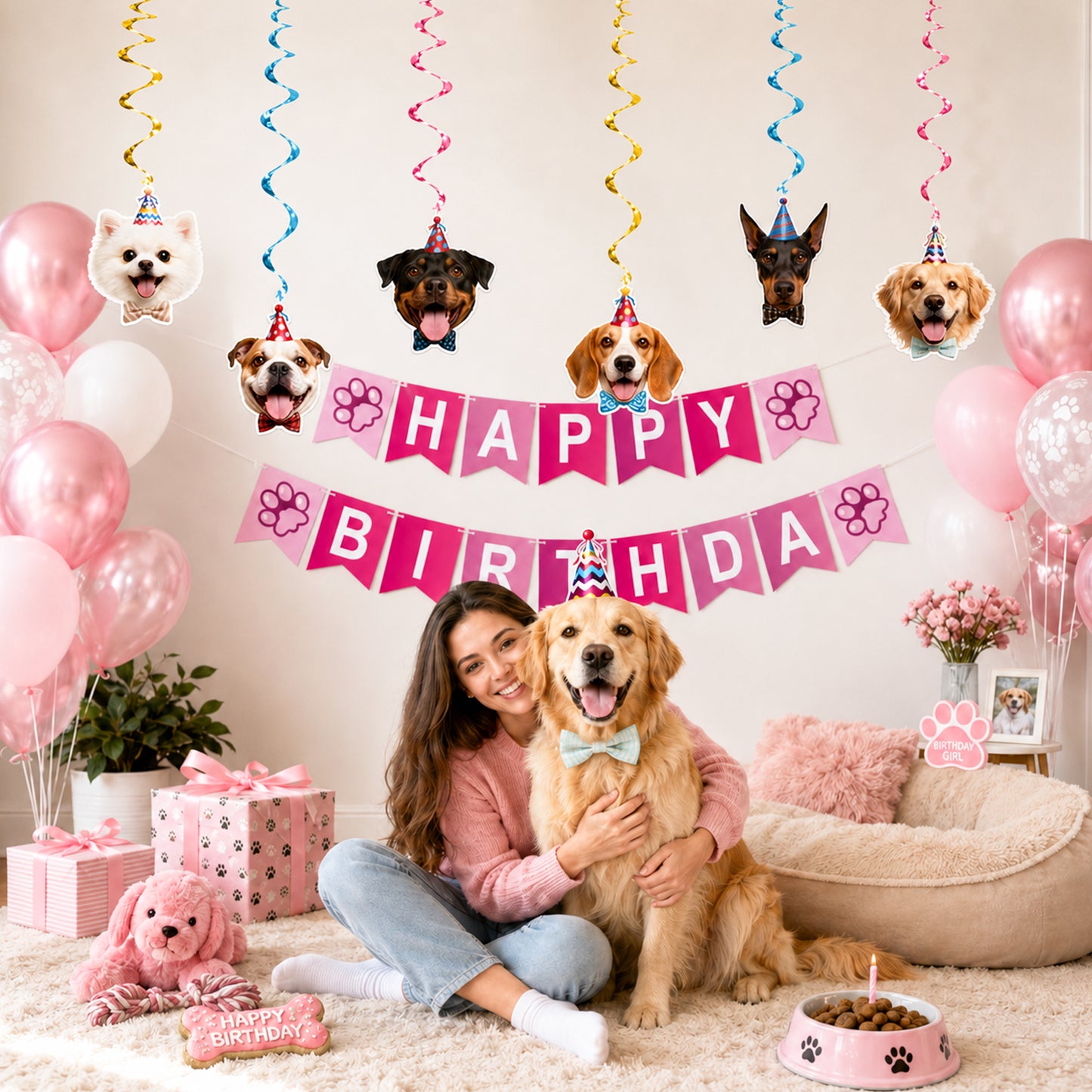 G2PLUS Pre-Strung Dog Birthday Decorations with 6PCS Hanging Swirl, Pink Dog Birthday Banner, Puppy Party Banner for Wall Backdrop Decoration