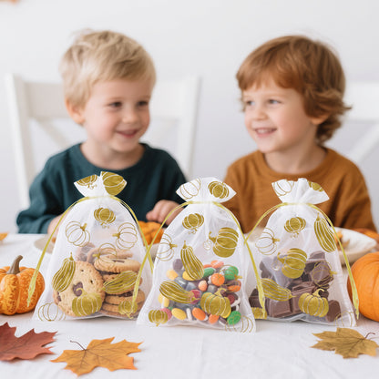 G2PLUS 50Pcs Fall Drawstring Organza Bags 4x6 In - Thanksgiving Organza Bags, White Sheer Mesh Pouches, Gold Pumpkin Candy Treat Bag for Wedding, Baby Shower, Autumn Holiday Party Favors