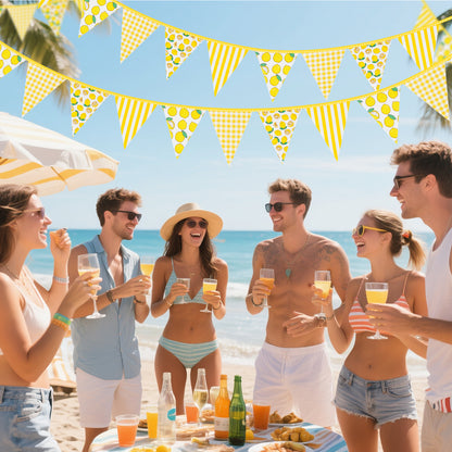 G2PLUS 39Ft Triangle Bunting Banner, 42Pcs Lemon Garland Pennant Banner, Reusable Cotton Triangle Flags Party Decoration for Summer Luau, Pool Party Decor & Beach Theme