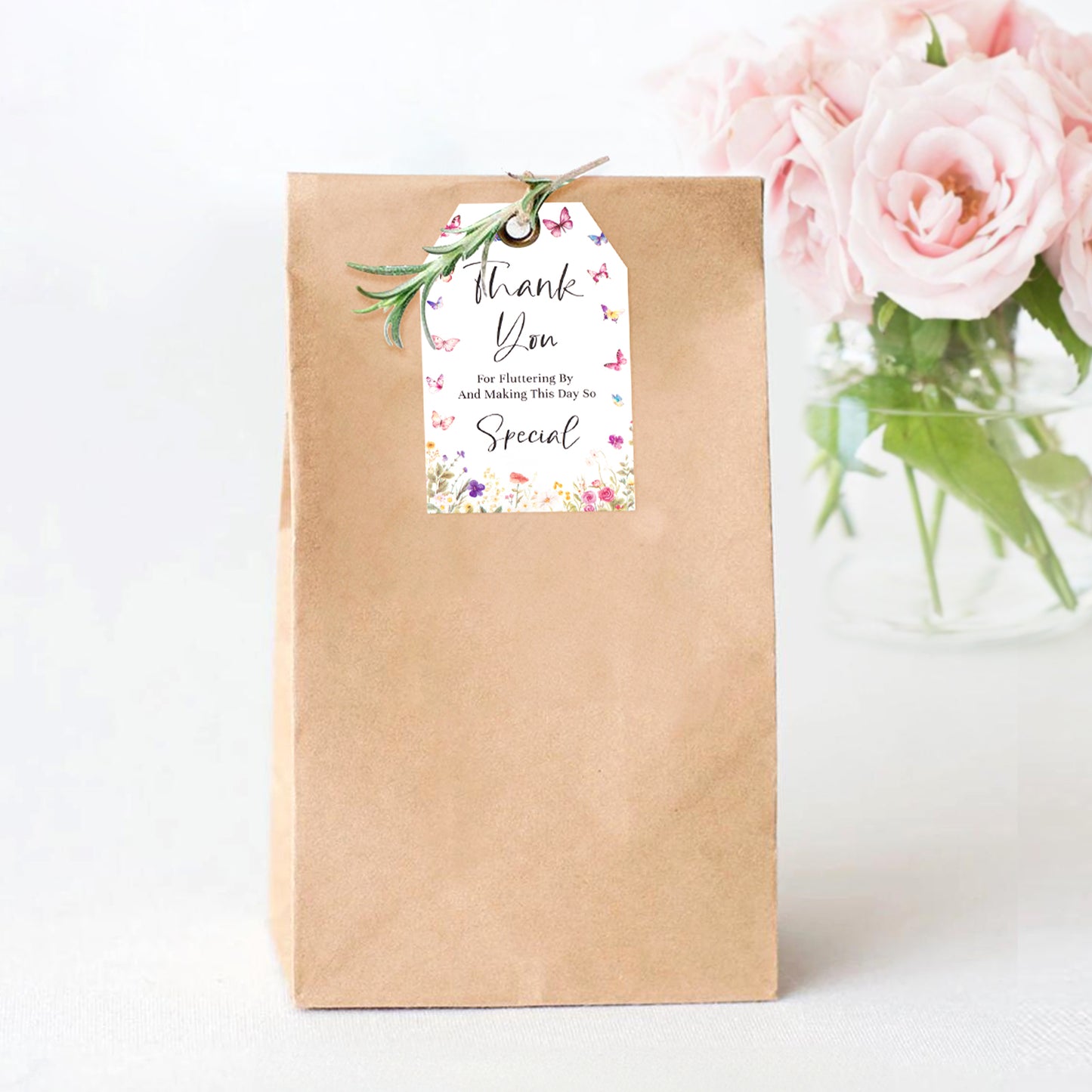 G2PLUS Butterfly Thank You Tags, 50PCS Thank You for Fluttering by Tags, Thank You Paper Tags, Floral Butterfly Gift Tags with String for Baby Shower, Birthday, Wedding Party Favors