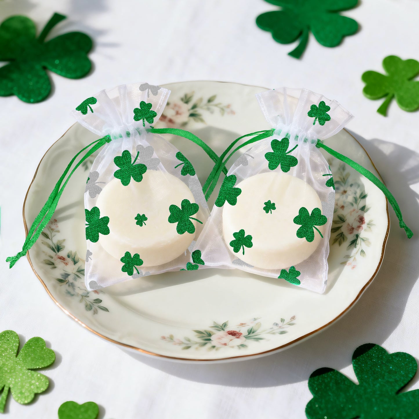 G2PLUS 50PCS St.Patrick's Day Gift Bags Organza 3x4in, Green Foil Shamrock Sheer Mesh Organza Pouches with Drawstring for St.Patrick's Day Party Favors, Candy Gift Bags & Wedding Favors