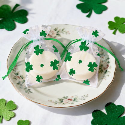 G2PLUS 50PCS St.Patrick's Day Gift Bags Organza 3x4in, Green Foil Shamrock Sheer Mesh Organza Pouches with Drawstring for St.Patrick's Day Party Favors, Candy Gift Bags & Wedding Favors