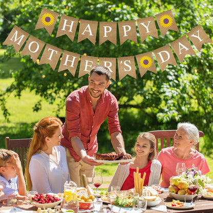 G2PLUS Happy Mother's Day Banner, Pre-strung Mothers Day Decorations Burlap Banner Garland with Sunflower, Rustic Mothers Day Party Bunting Decor for Home Wall Photo Backdrop Indoor Outdoor