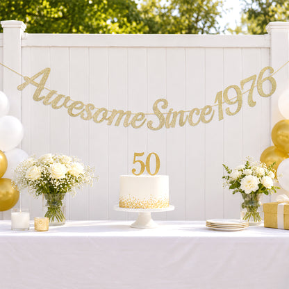 G2PLUS Pre-Strung 50th Birthday Banner, Glitter 50th Birthday Decorations Champagne Gold Happy 50th Birthday Banner, 3m Awesome Since 1976 Banner, 50th Birthday Party Decorations