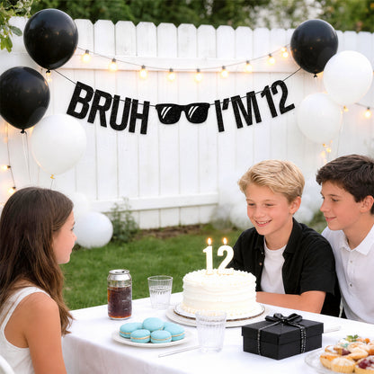 G2PLUS Pre-Strung 12th Birthday Banner, Glitter 12th Birthday Decorations Black Happy 12th Birthday Banner, 3m Bruh I'm 12 Banner, 12th Birthday Party Decorations for Boys