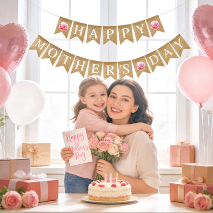 G2PLUS Happy Mother's Day Banner, Pre-strung Mothers Day Decorations Burlap Banner Garland with Pink Rose, Rustic Mothers Day Party Bunting Decor for Home Wall Photo Backdrop Indoor Outdoor