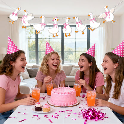 G2PLUS Pre-Strung Silly Goose Birthday Banner, 19.6Ft Pink Bow Paper Bunting Garland, Cute Animal Party Decor for Birthday, Nursery Room & Spring Celebration