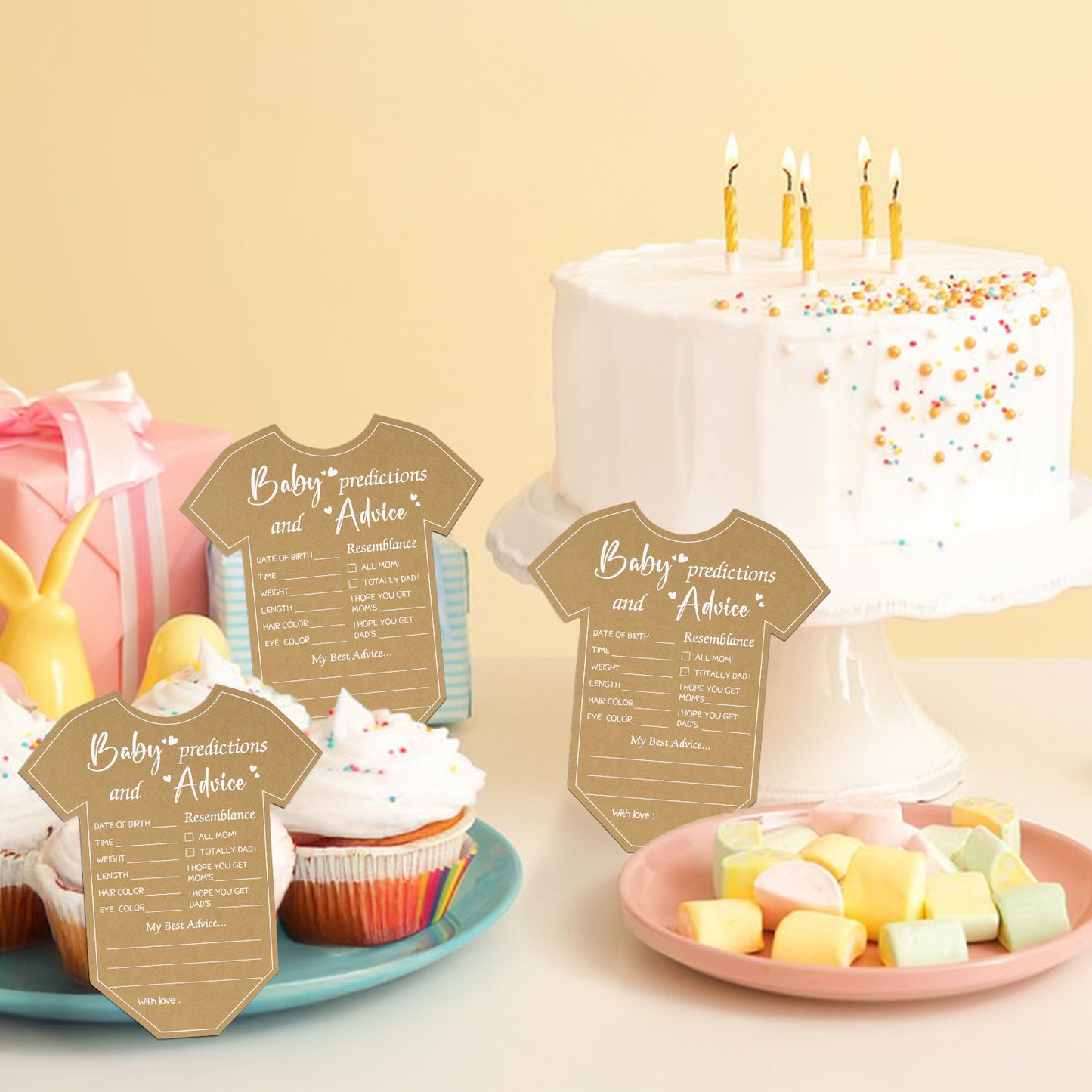 G2PLUS Baby Advice Cards, Onesie Baby Shower Predictions and Advice Cards for Parents To Be, Wishes Card for New Parents, Gender Reveal Girls Boys Shower Game Party Decorations(5.2x6 in, Kraft, White)