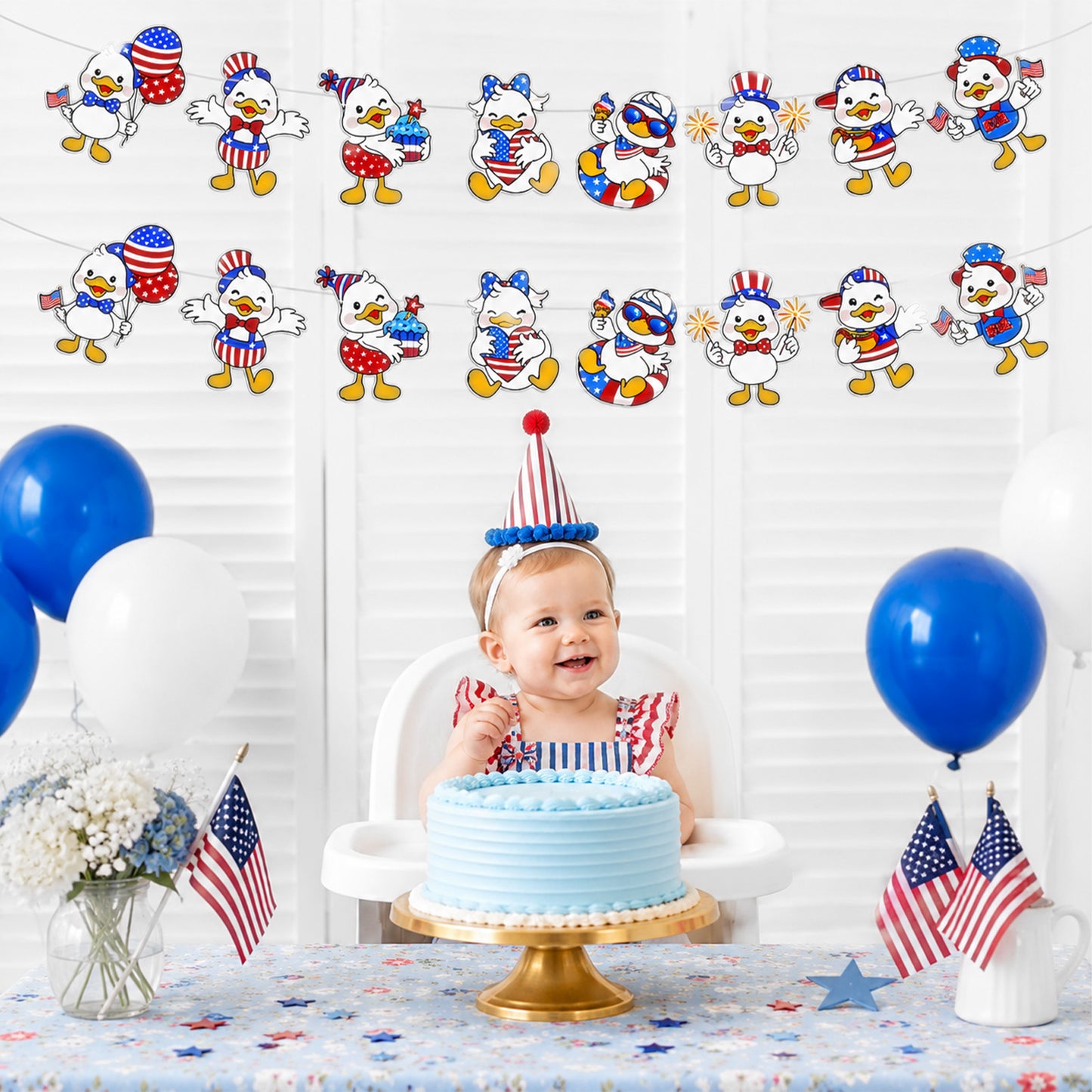 G2PLUS American Flag Garland 19.6Ft, Pre-Strung Patriotic Duck Banner, Red White Blue Paper Banner for 4th of July, Independence Day, Memorial Day, Baby Shower, USA Theme Party Decorations