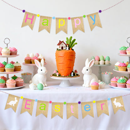 G2PLUS Happy Easter Burlap Banner, Pre-strung Colorful Easter Bunny Garland with Pompom Ball, Rustic Farmhouse Easter Bunting Banner for Home, Mantel, Fireplace, Party & Spring Dec