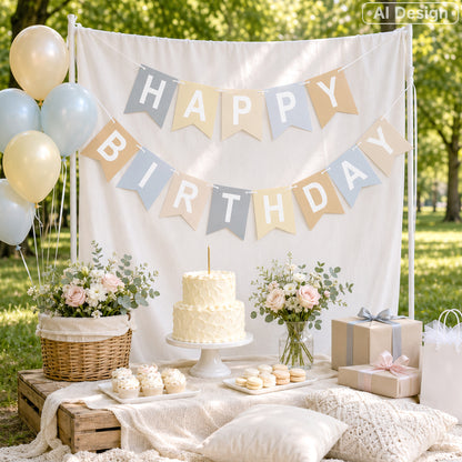 G2PLUS Pre-strung Happy Birthday Banner Beige and Blue: 16 x 20 cm Large No-DIY Birthday Banner for Boys and Girls Birthday Party Decorations