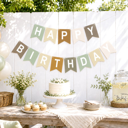 G2PLUS Pre-strung Happy Birthday Banner Beige and Sage Green: 16 x 20 cm Large No-DIY Birthday Banner for Bear, Woodland Theme Birthday Party Decorations