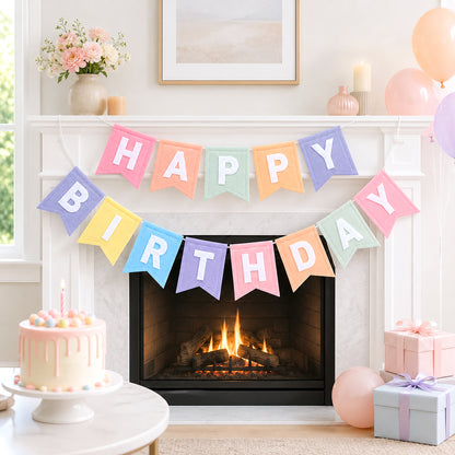G2PLUS Pastel Happy Birthday Bunting Felt: Pre-Strung Birthday Banner for Boys, Girls, Adults and Kids Birthday Party Decoration