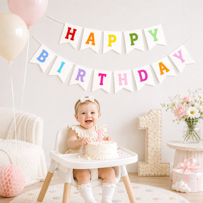 G2PLUS White Happy Birthday Bunting Felt: Pre-Strung Birthday Banner for Adults and Kids Birthday Party Decoration